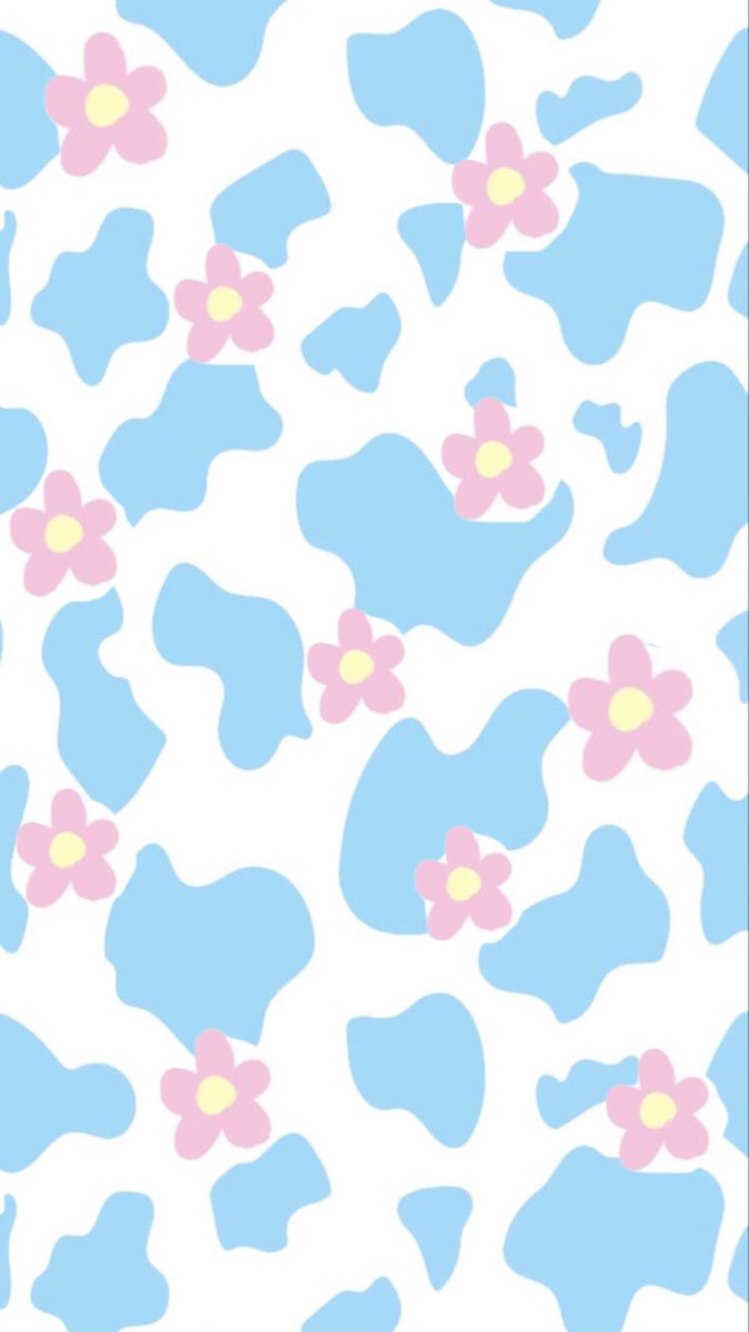 Blue Cow Print And Pink Flowers Wallpaper Flower