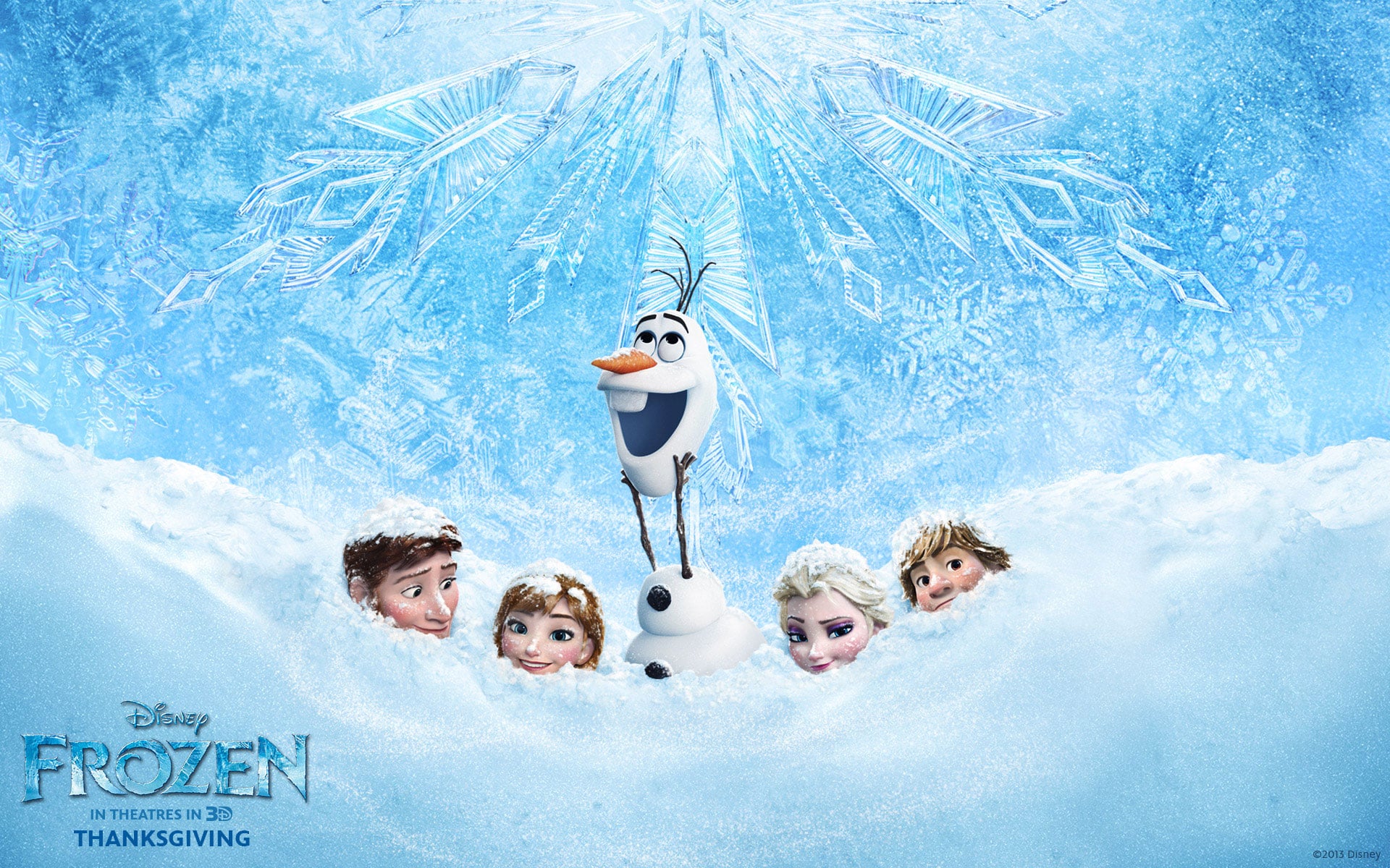 Disney's Frozen movie poster featuring Anna, Elsa, Kristoff, Olaf, and Sven in the snow