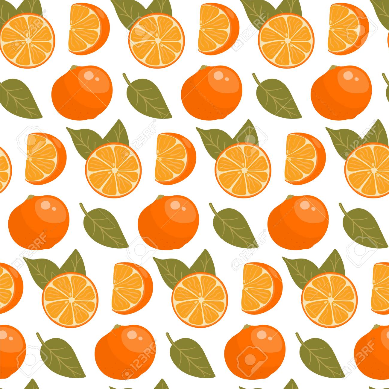 Seamless Pattern With Oranges Slices And Leaves Cute Vector