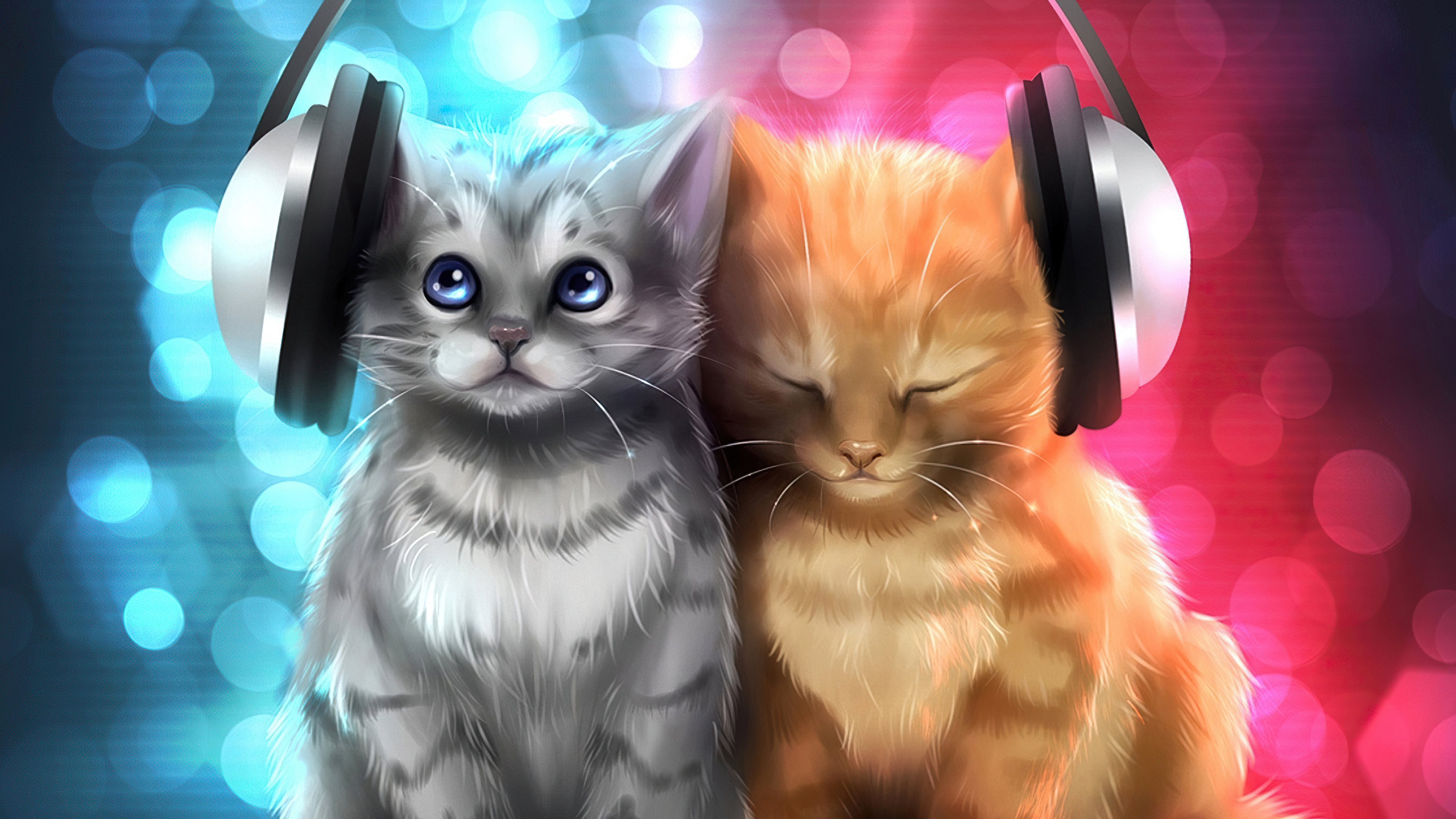 Two adorable kittens listening to music with headphones, 4k wallpaper