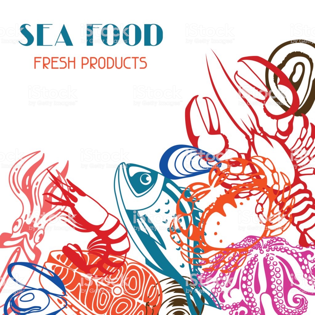 Background With Various Seafood Illustration Of Fish Shellfish And