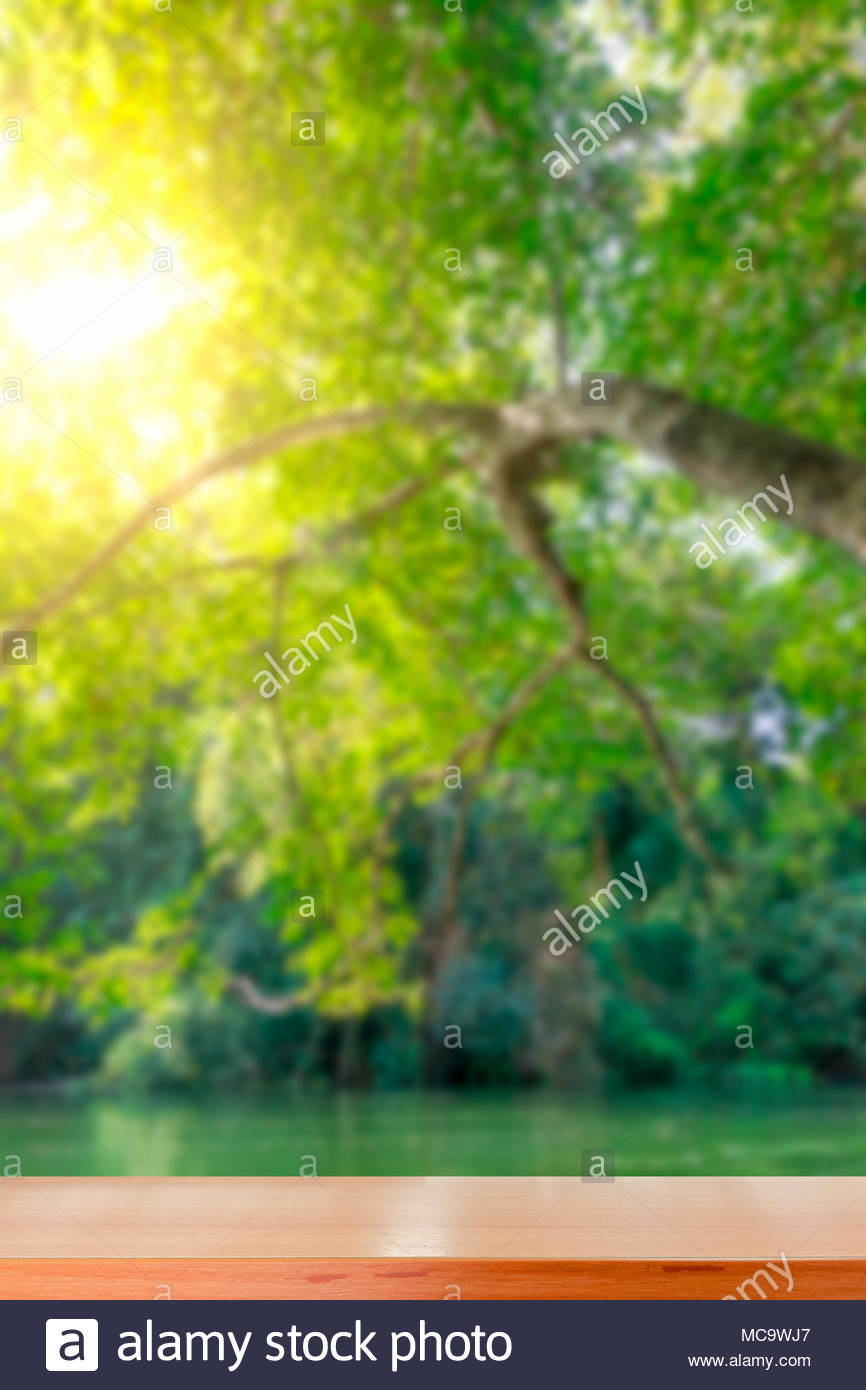 Empty Wooden Tabletop And Green Natural Spring Blur Bokeh Nature