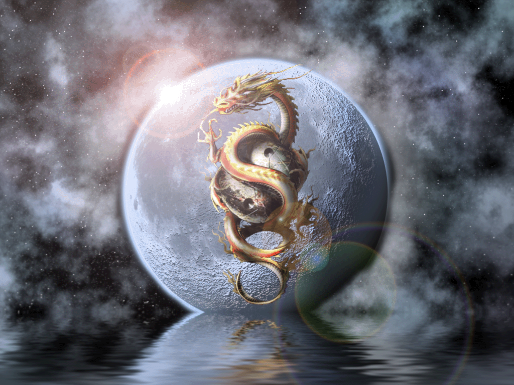 A majestic golden dragon coils around a pale moon in a starry sky, its reflection shimmering in the water below
