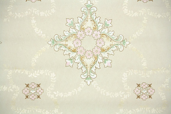 S Vintage Wallpaper Antique Pink And Green Gold Medallions