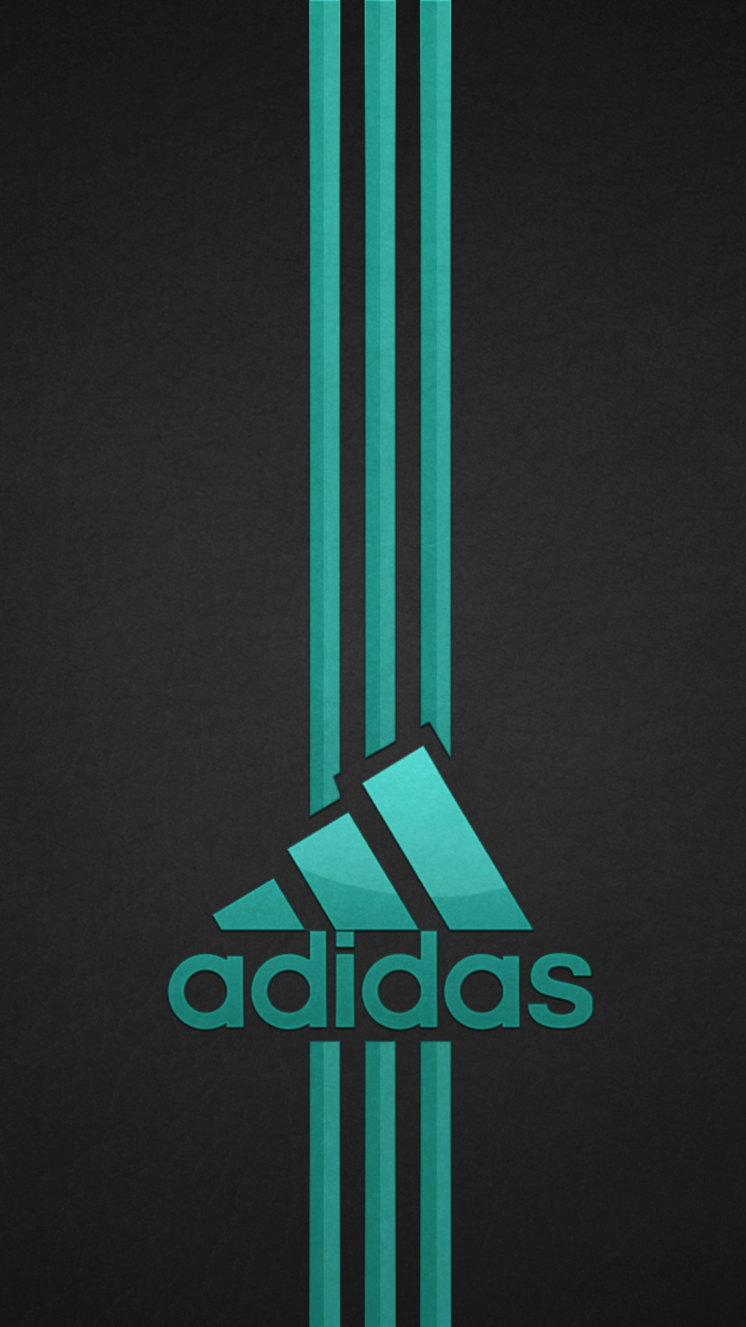Teal Adidas logo on a dark background, with three teal stripes running vertically above and below the logo