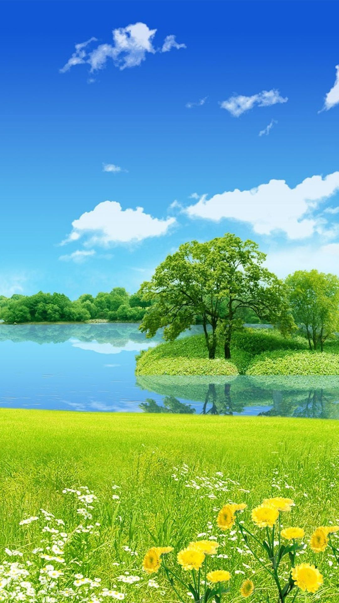 Idyllic landscape with serene lake, lush greenery, and vibrant flowers, perfect for an HD phone wallpaper