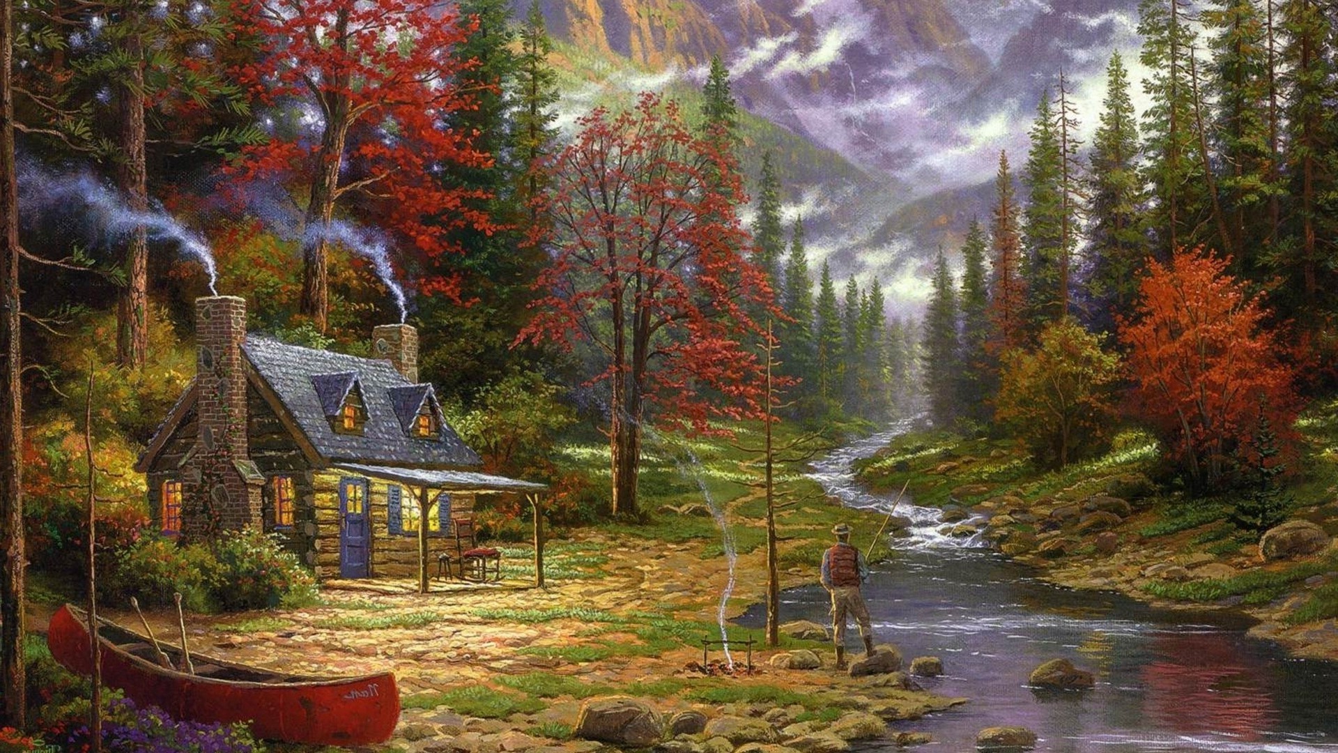 Painting Cottage Canoes River Fishing Forest Chimneys Thomas Wallpaper