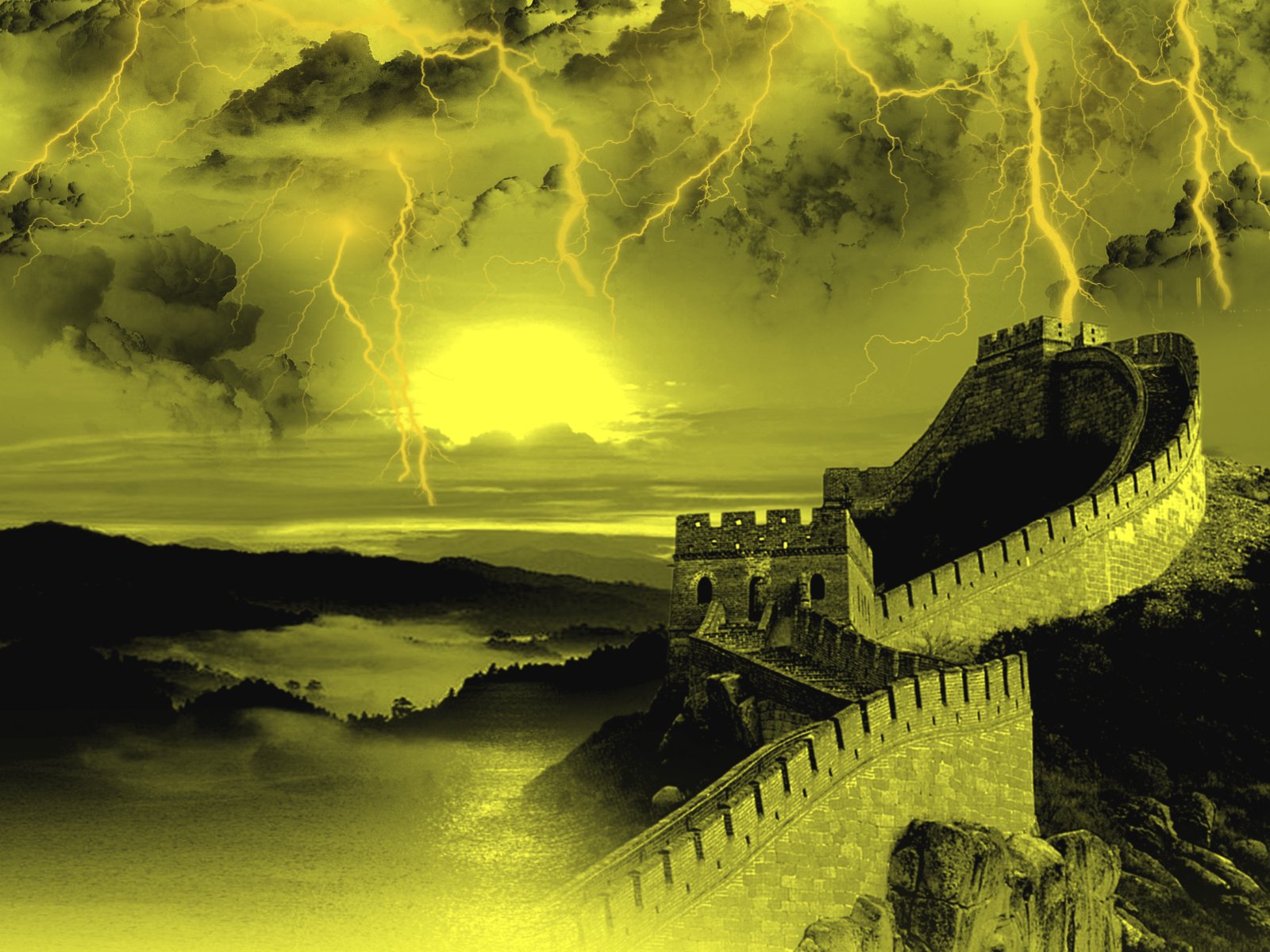 Man Made Great Wall Of China Sunset Storm Lightning Cgi