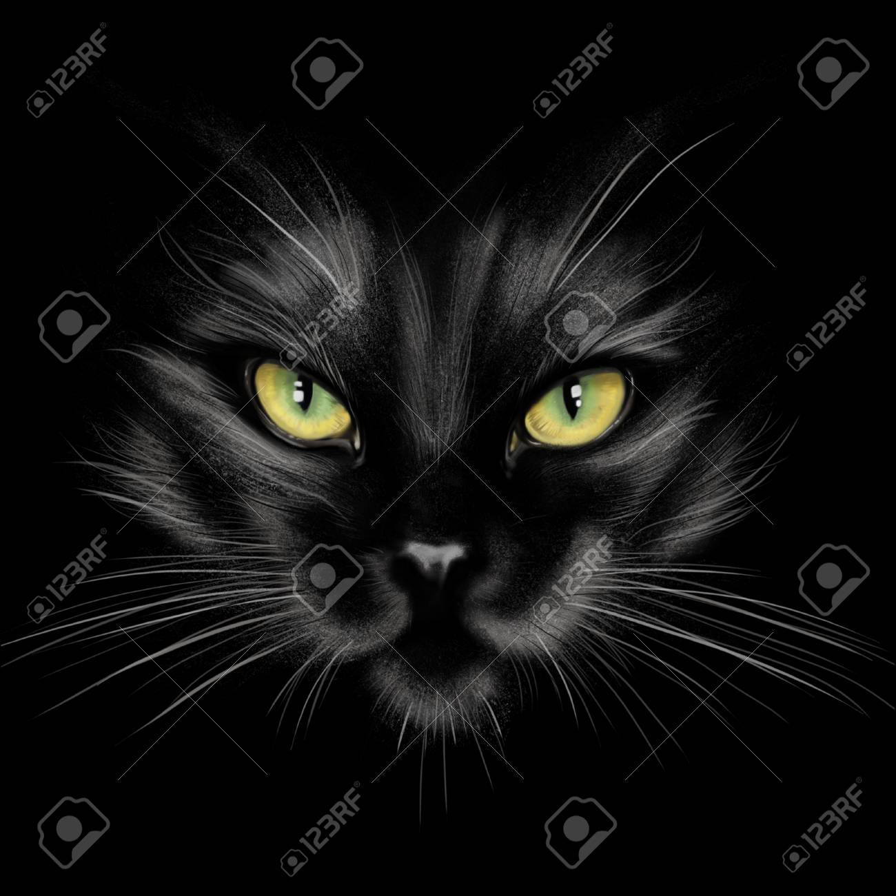 Hand Drawing Portrait Of A Black Cat On Background Stock