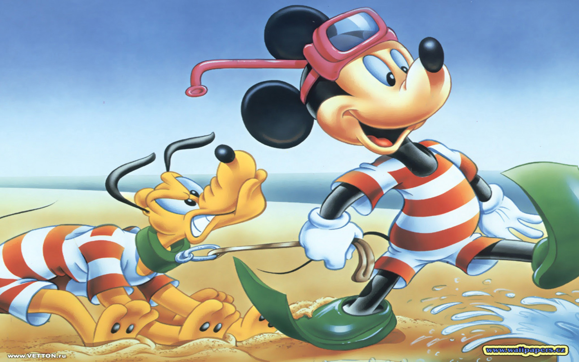 Disney Mickey Mouse And Pluto Characters Sea Beach Bathing