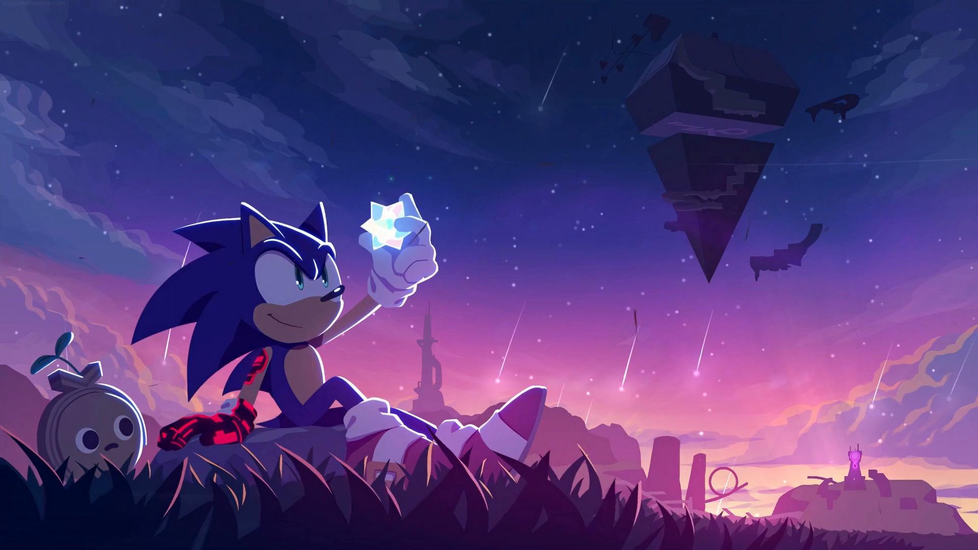 Sonic the Hedgehog holding a star under a night sky with a floating island