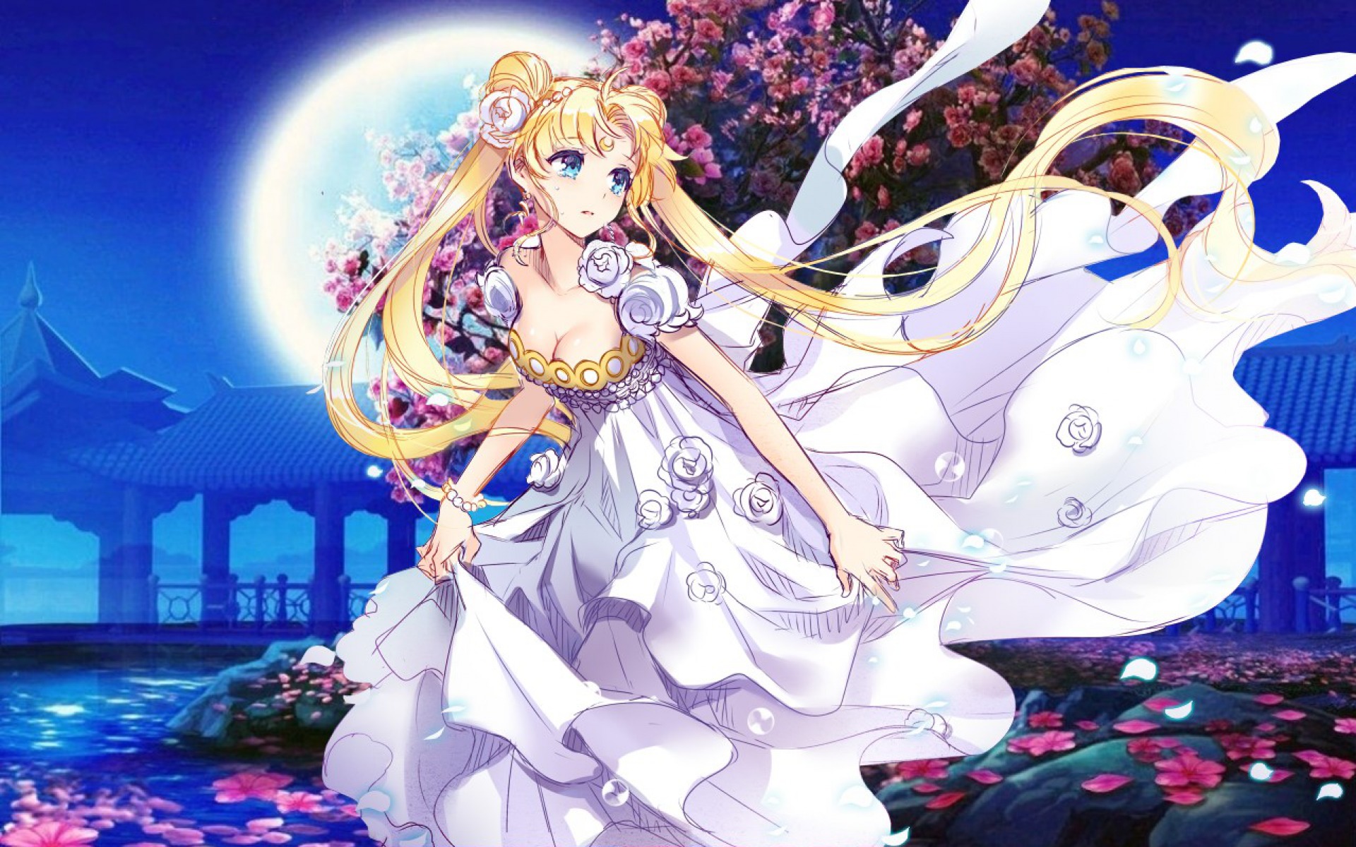 Princess Serenity in a flowing white gown, set against a backdrop of a full moon, cherry blossoms, and a traditional Asian pavilion reflected in water