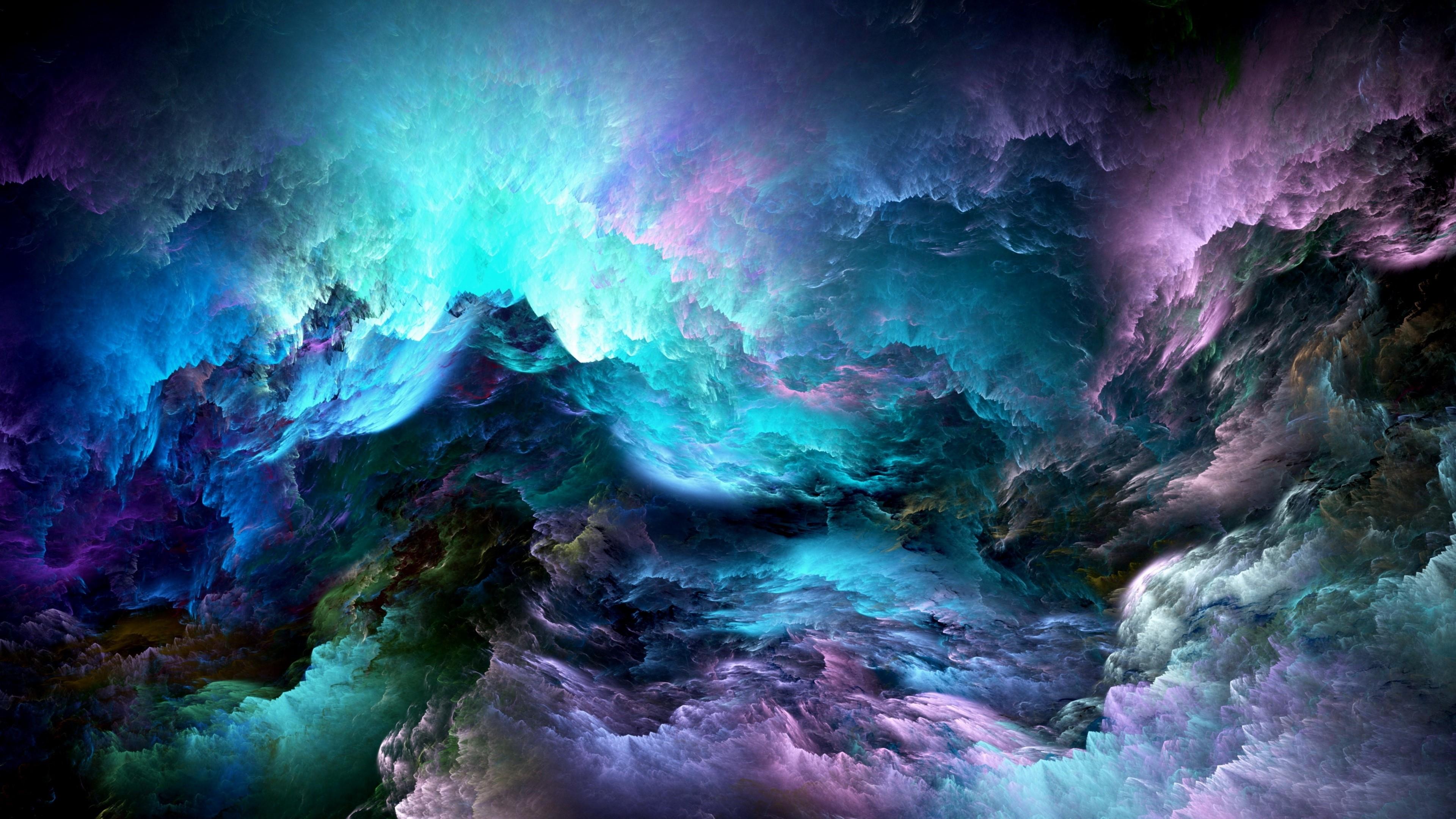 A vibrant 4K abstract art wallpaper featuring swirling clouds of turquoise, purple, and green, creating a dreamy and ethereal atmosphere
