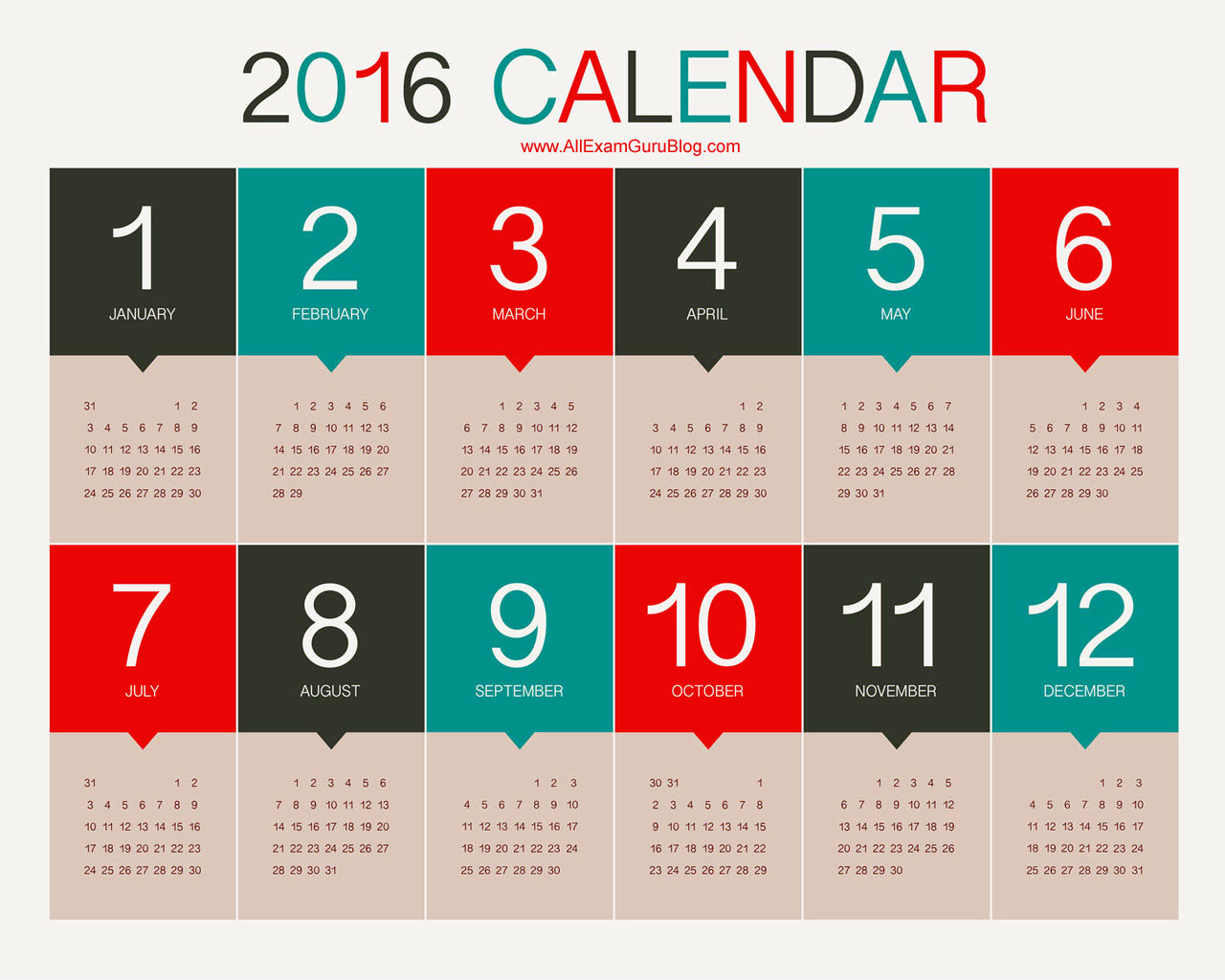 2016 Year Calendar Wallpaper Download 2016 Calendar by Month 1280x1024