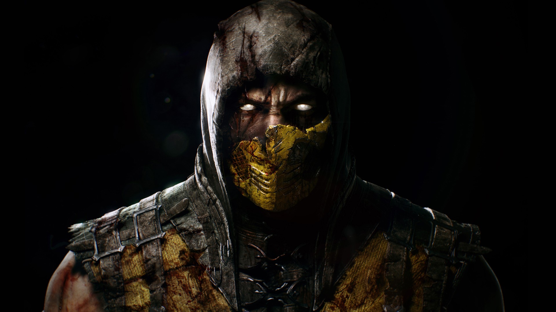 Close-up of Scorpion from Mortal Kombat, wearing his signature yellow mask and dark hood, against a black background
