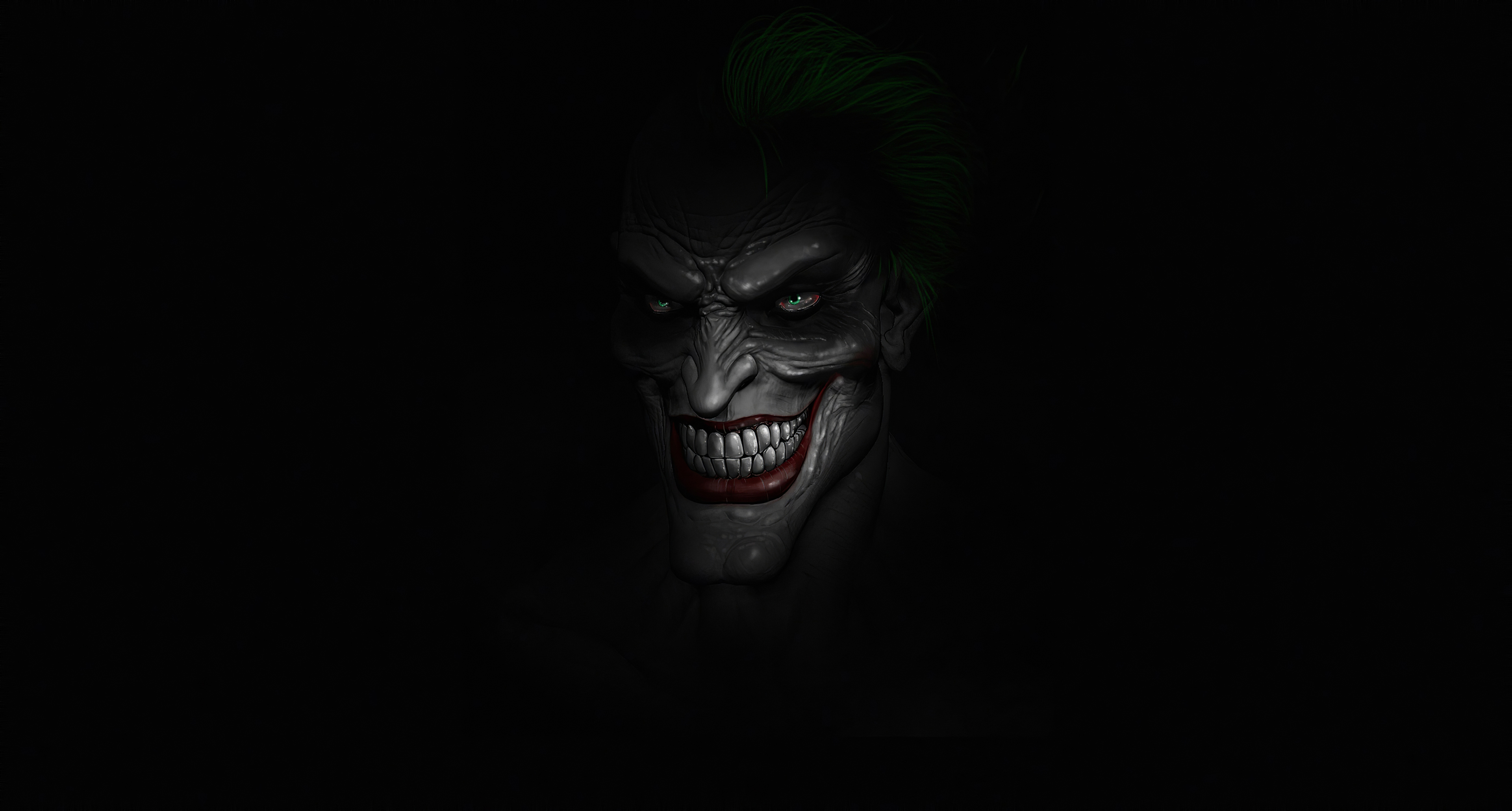 A chilling close-up of the Joker's face lurking in the shadows, his sinister grin illuminated against a dark 4k background