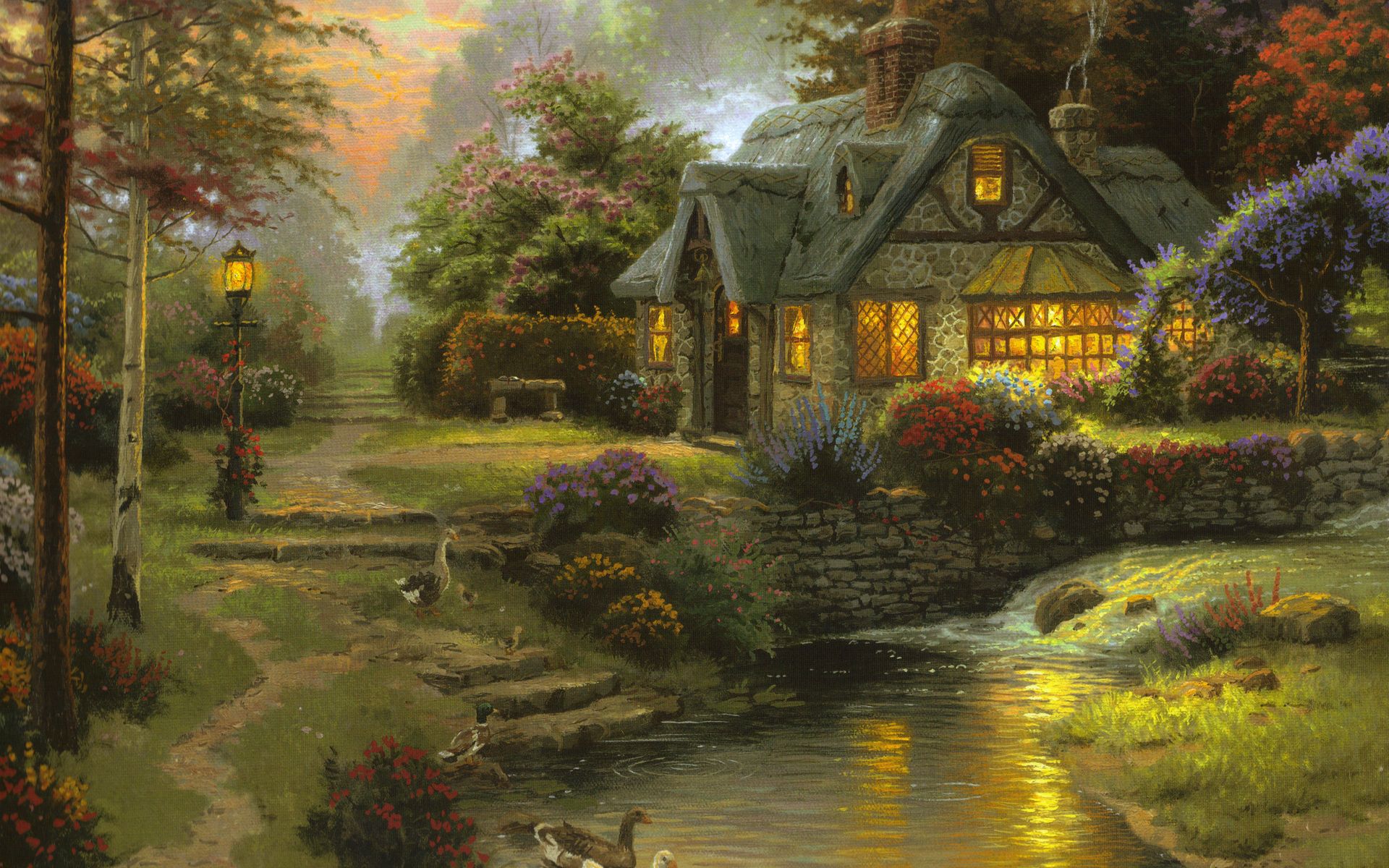 Wallpaper Stillwater Cottage Thomas Kinkade Painting Art X