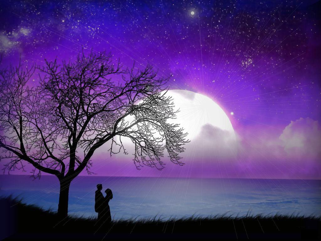 Silhouette of a couple under a tree with a full moon and purple sky in the background
