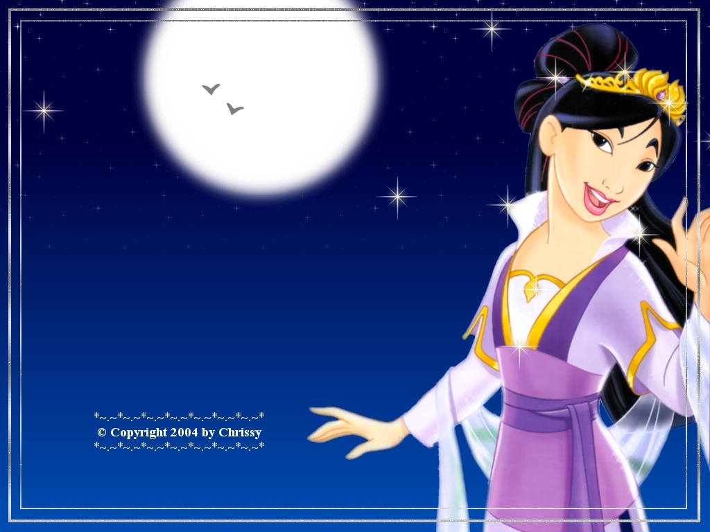 Princess Mulan in a purple and white dress against a starry night sky with a full moon