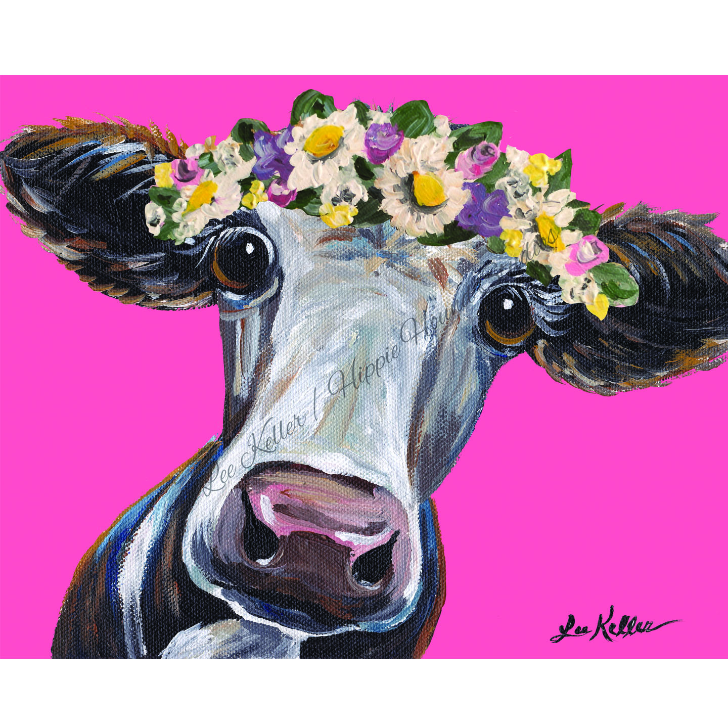 Cow Print Cora With Flower Crown Choice Of Background Colors