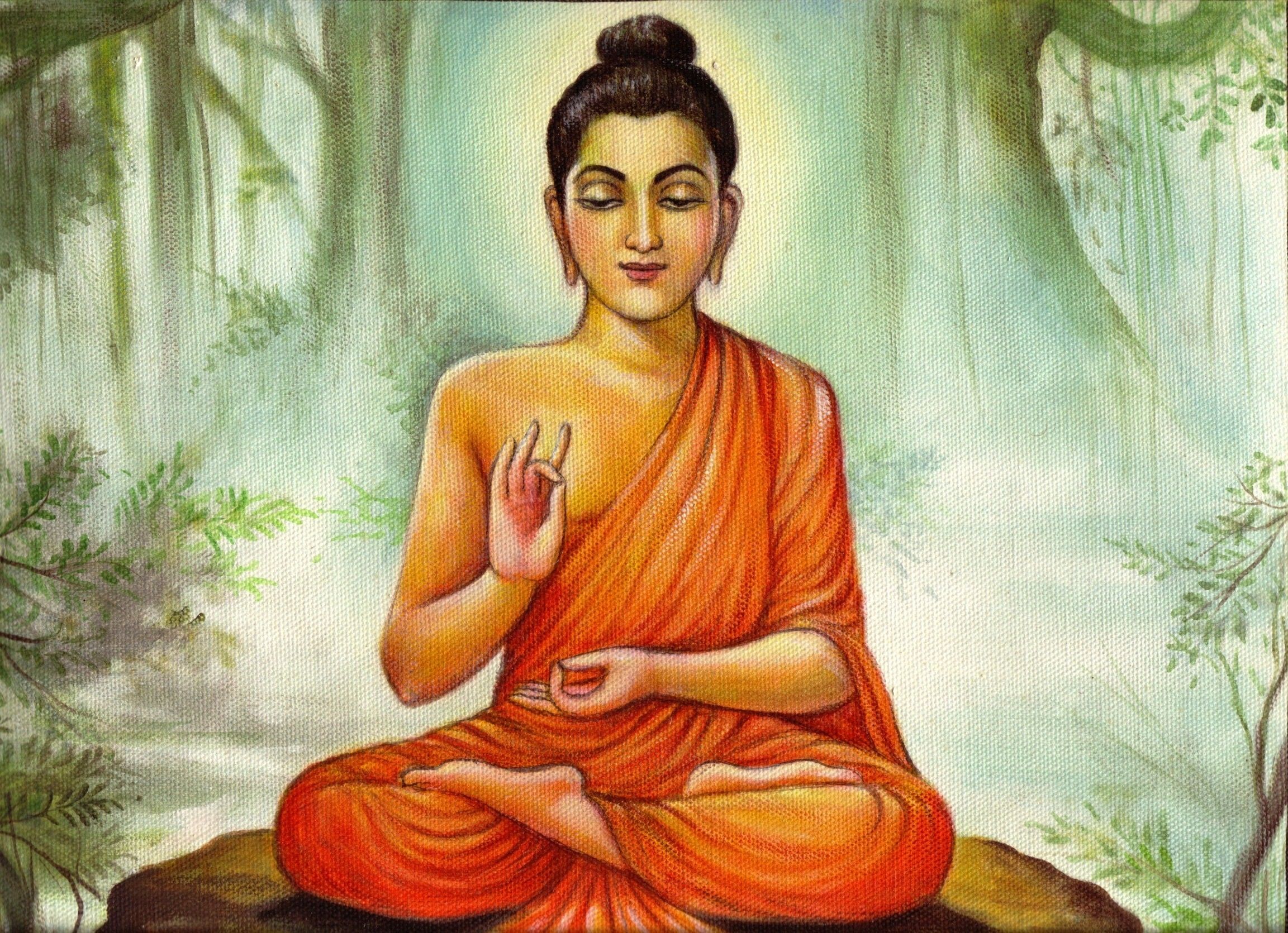 A serene painting of Buddha meditating in a forest, representing peace and enlightenment