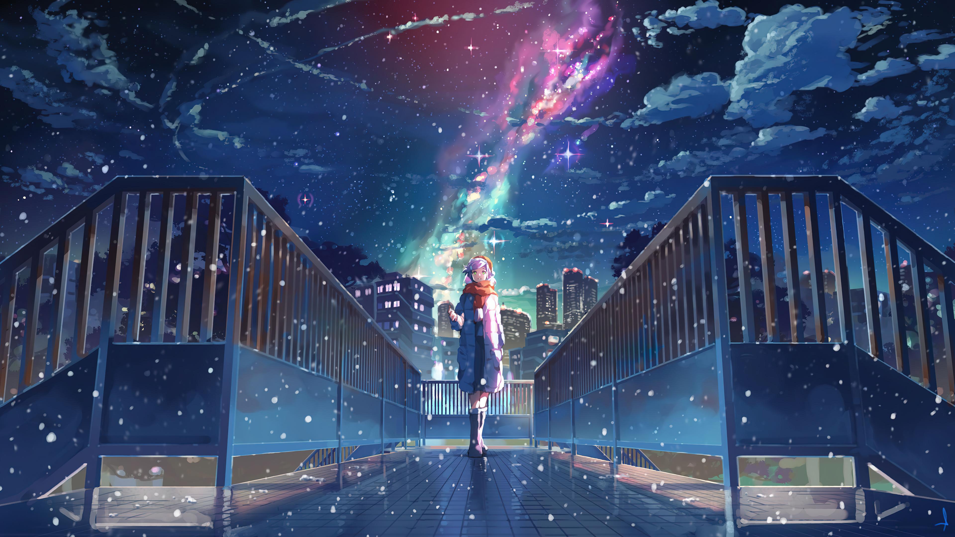 Anime Girl Starry Night Sky Snowking Milky Way Scenery HD 4K