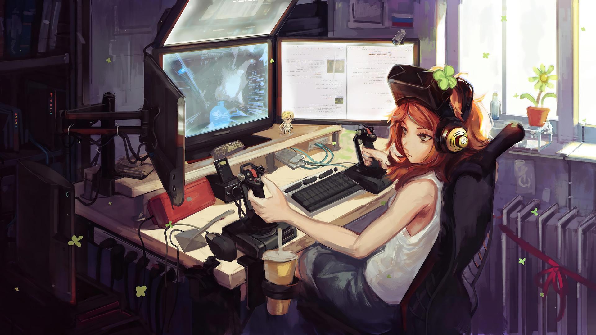 Gamer Girl Anime Gaming Desktop Setup 4k Wallpaper