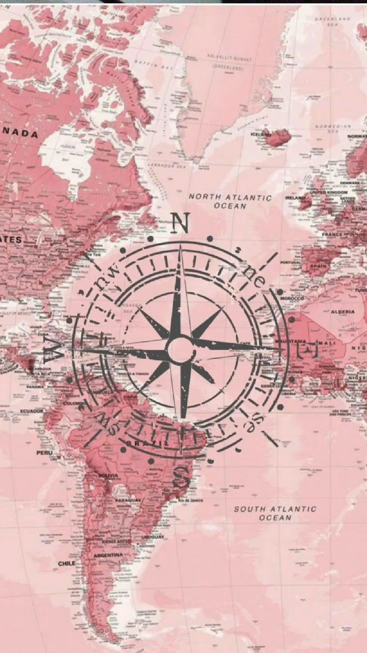 Pink World Map Poster With Compass Wallpaper