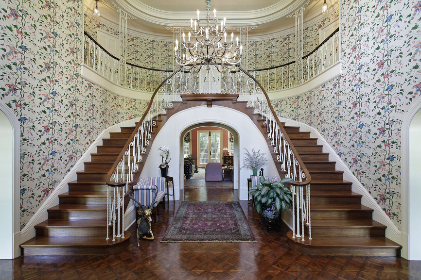 Story Foyer With Double Winder Staircase Chandelier Wood Floor And