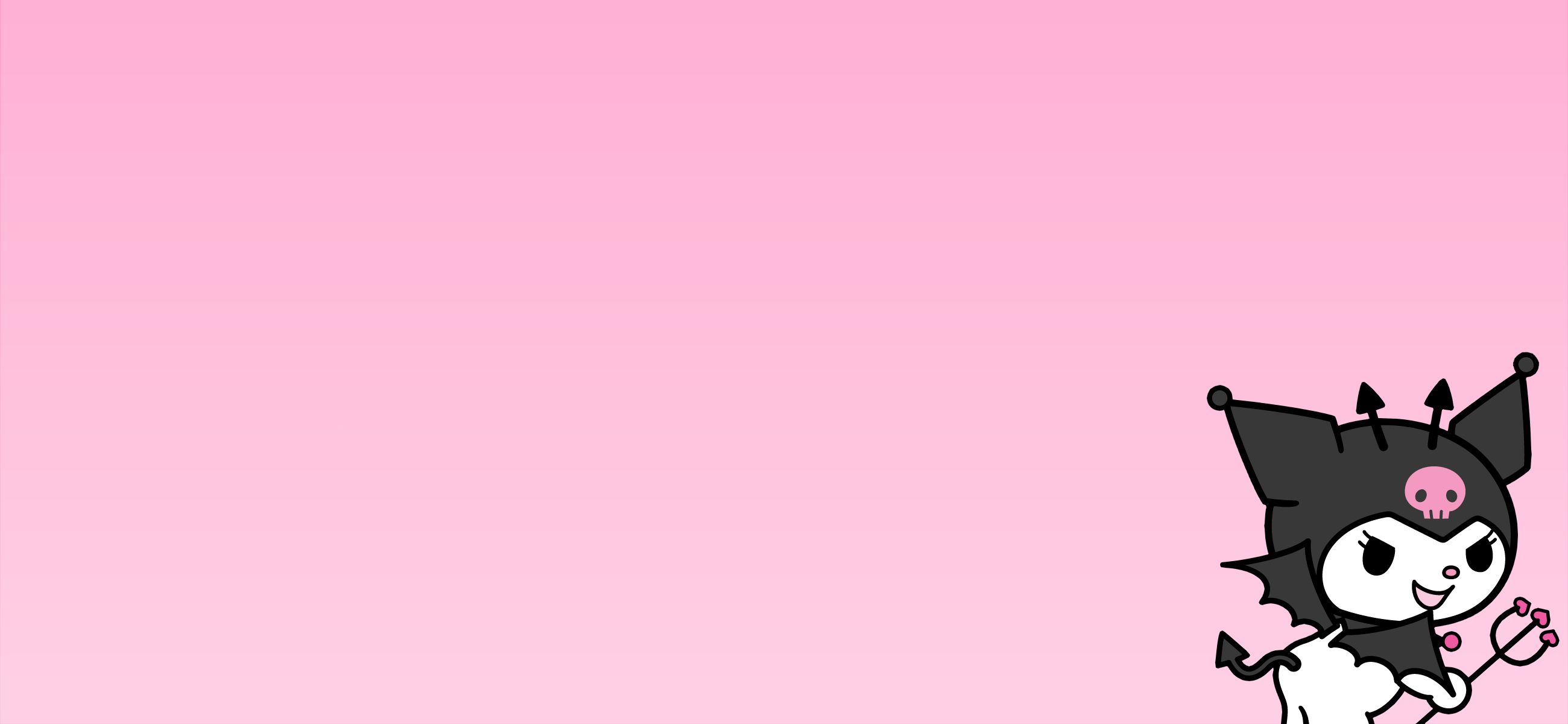 Kuromi on a pink background, holding a pink devil's pitchfork