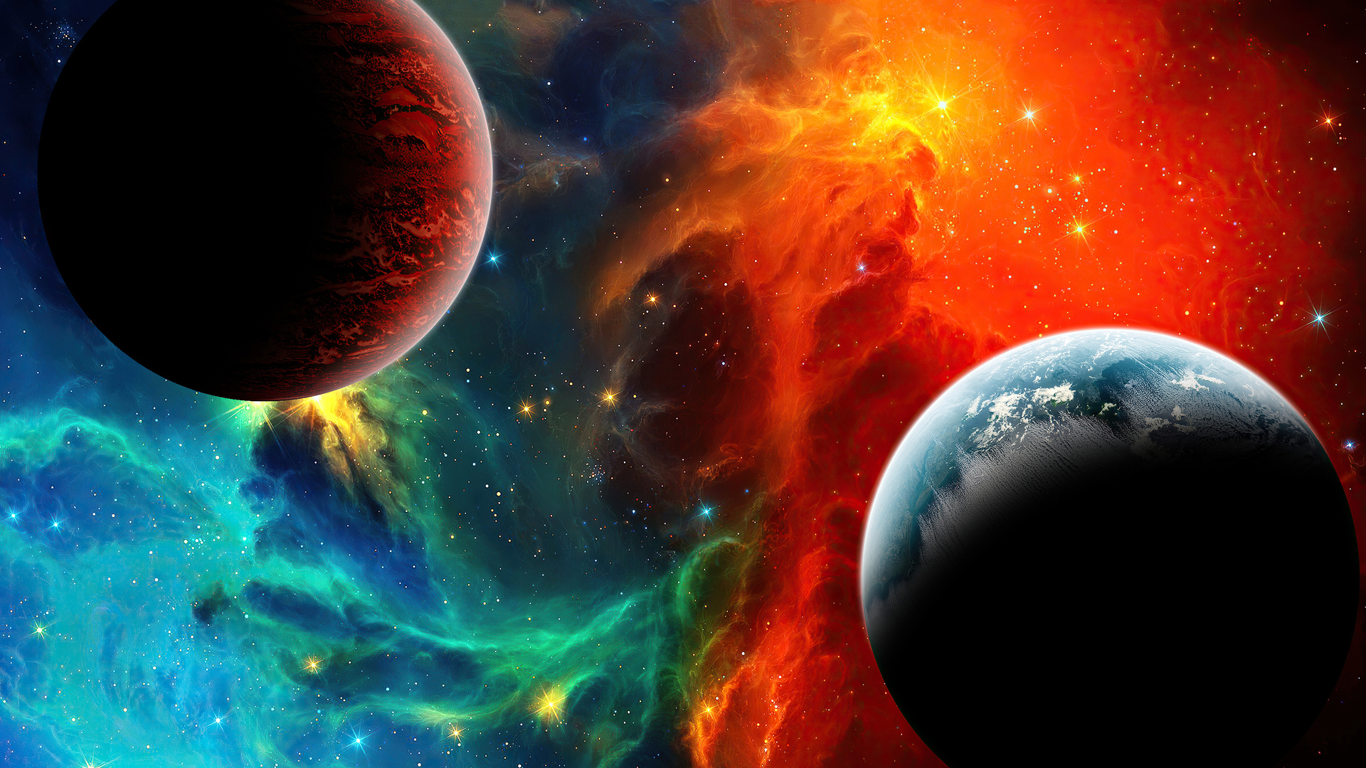 Two planets in a colorful nebula, high-resolution space wallpaper