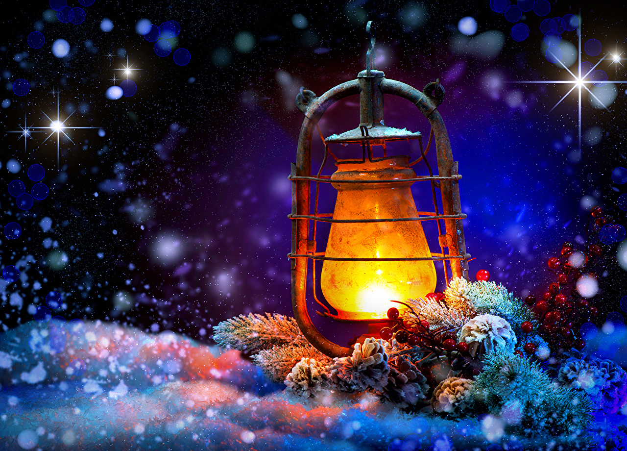Desktop Wallpaper Christmas Lantern Winter Snow Branches Night Time