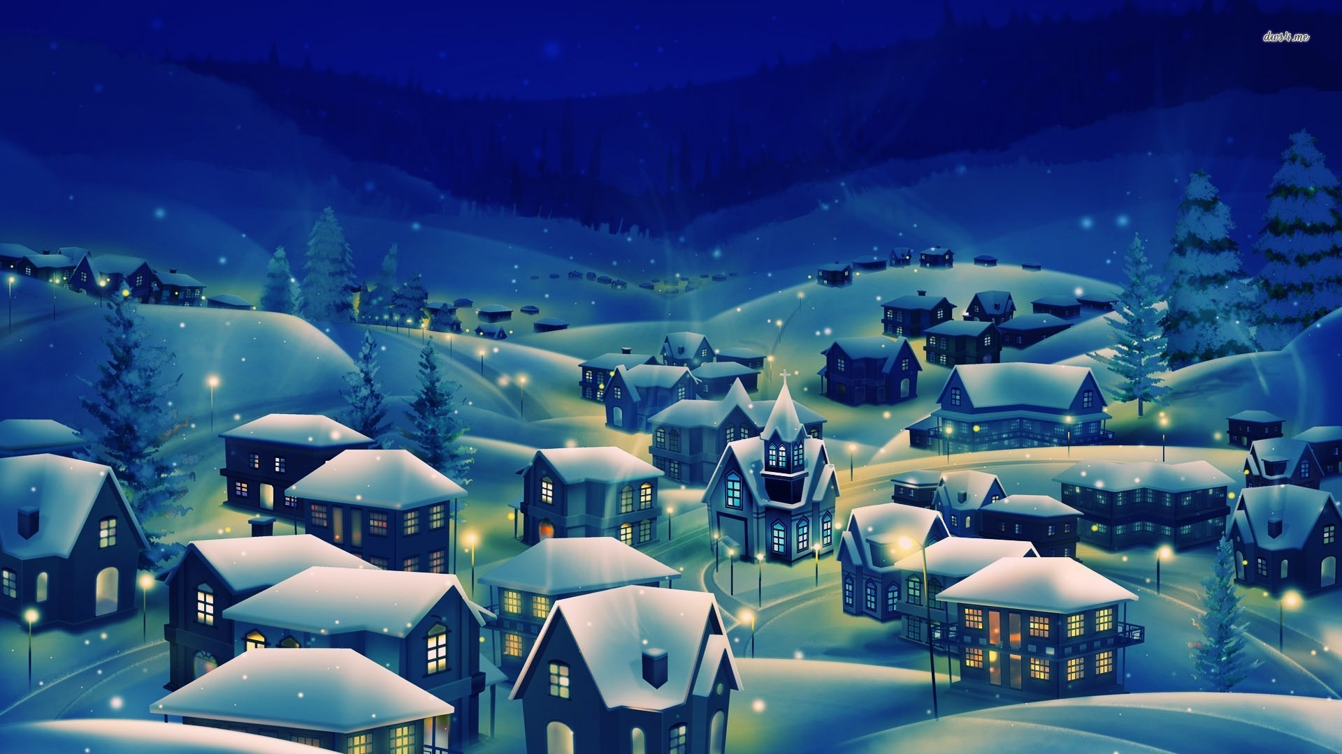 Snowy Village At Night Wallpaper