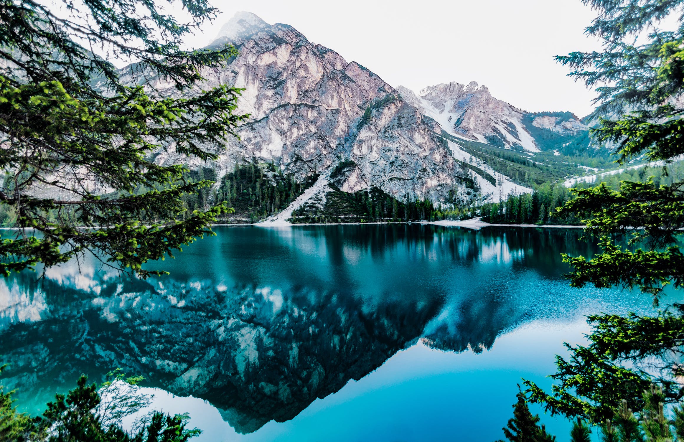 A breathtaking landscape photograph of a pristine alpine lake reflecting the towering, snow-capped peaks of the Dolomites. Lush evergreen trees frame the foreground, adding depth and tranquility to the scene