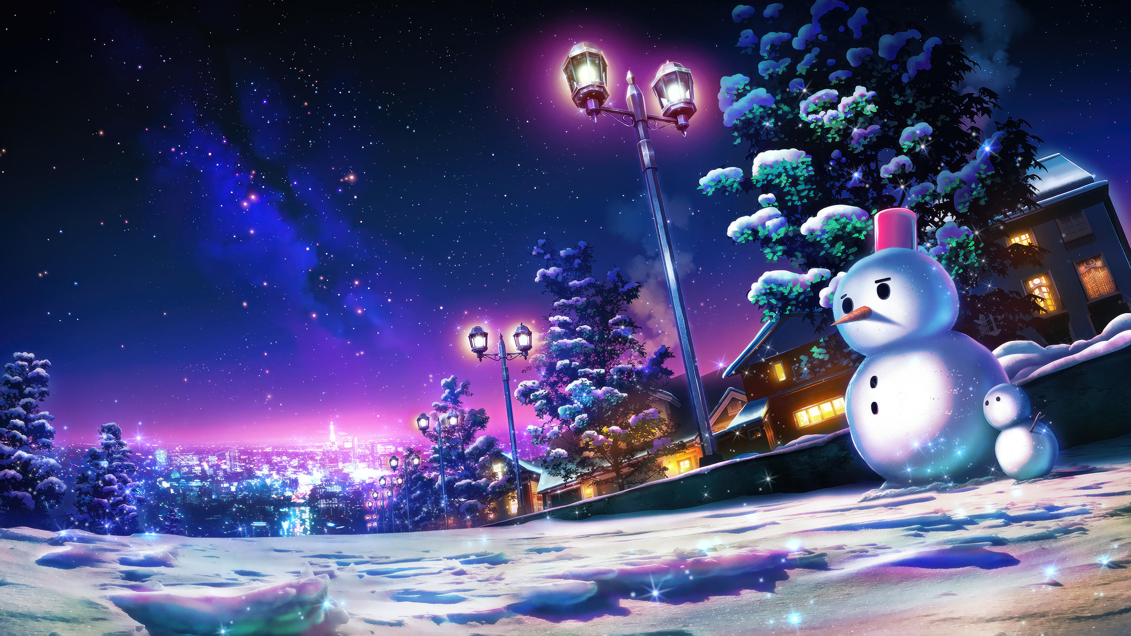 Christmas Snowman Night Starry Sky 4k Wallpaper iPhone HD Phone 6781k