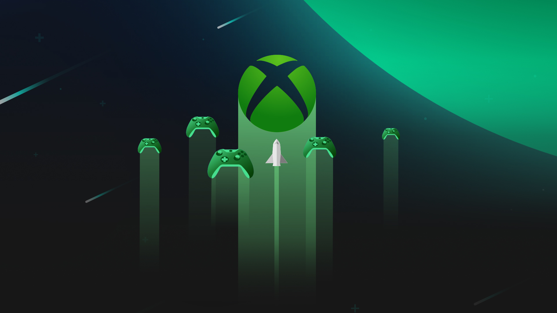 Xbox controllers and logo soaring through space, symbolizing the vastness of the Xbox gaming universe