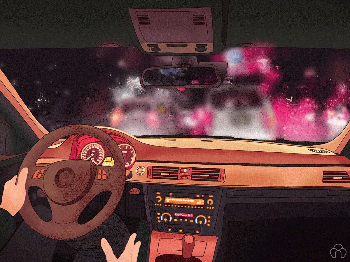 Illustration of a person driving a car at night with blurred city lights in the background