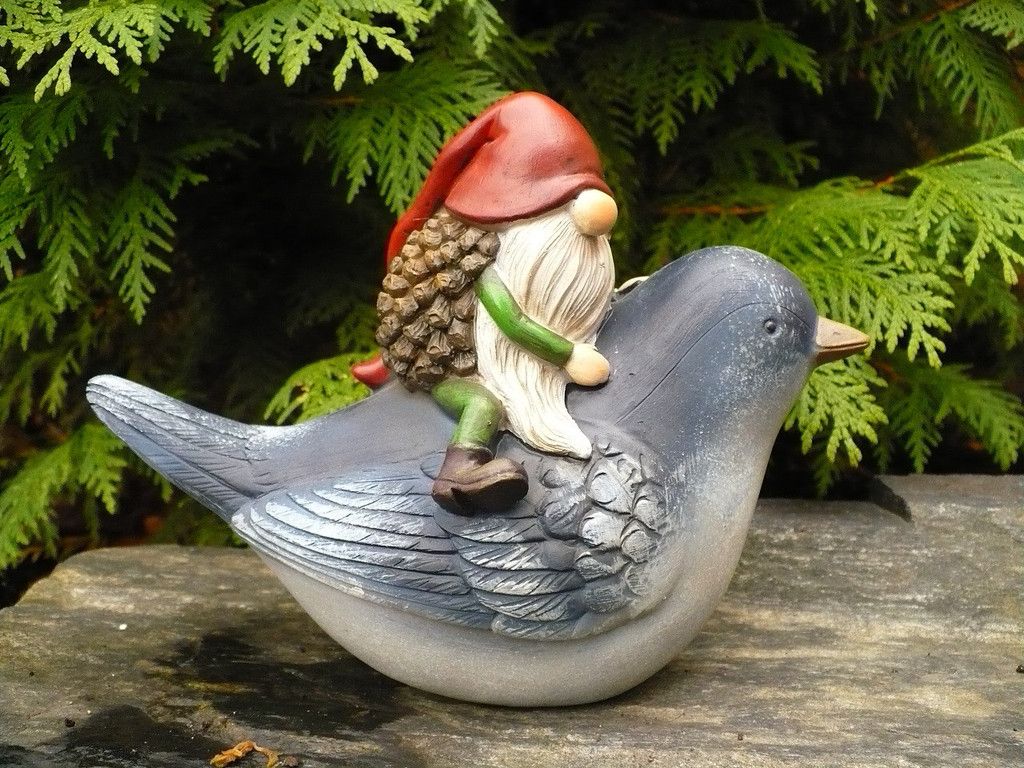 Garden Gnome Riding On A Bird Figurine Acorn