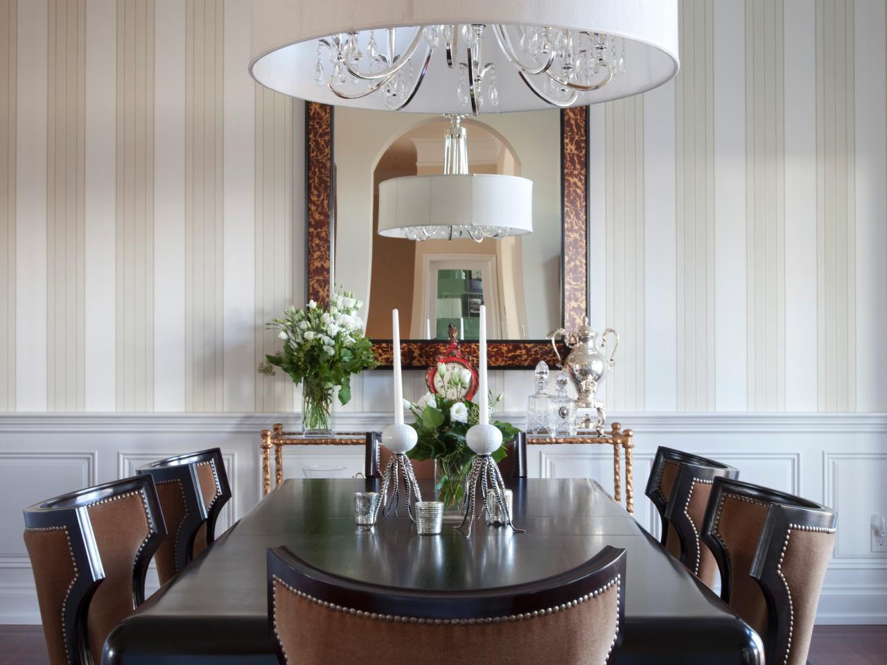 Striped Wallpaper In Traditional Dining Room A Long Wooden Table Is
