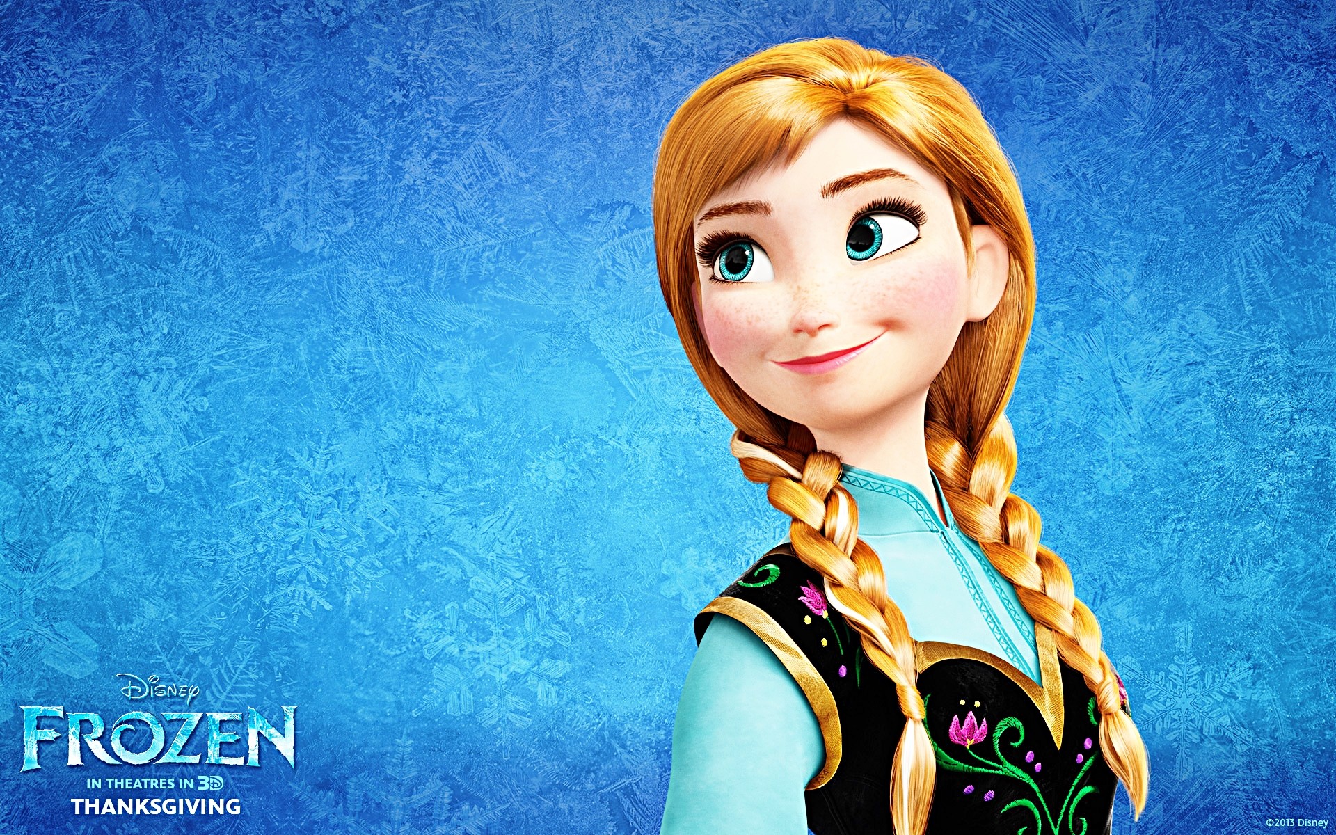 Princess Anna from Disney's Frozen, smiling against a frosty blue background