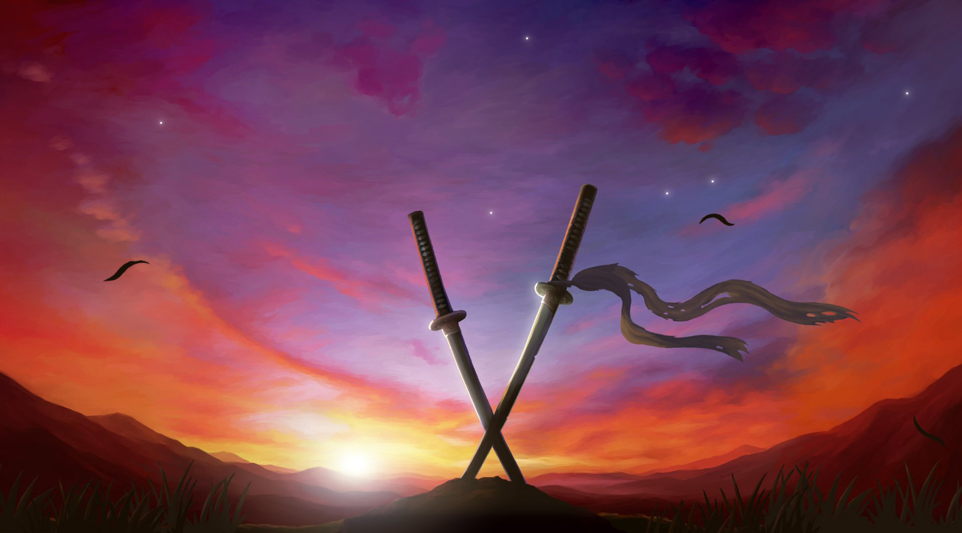 Two crossed katanas silhouetted against a vibrant sunset, evoking a sense of peace and the samurai spirit
