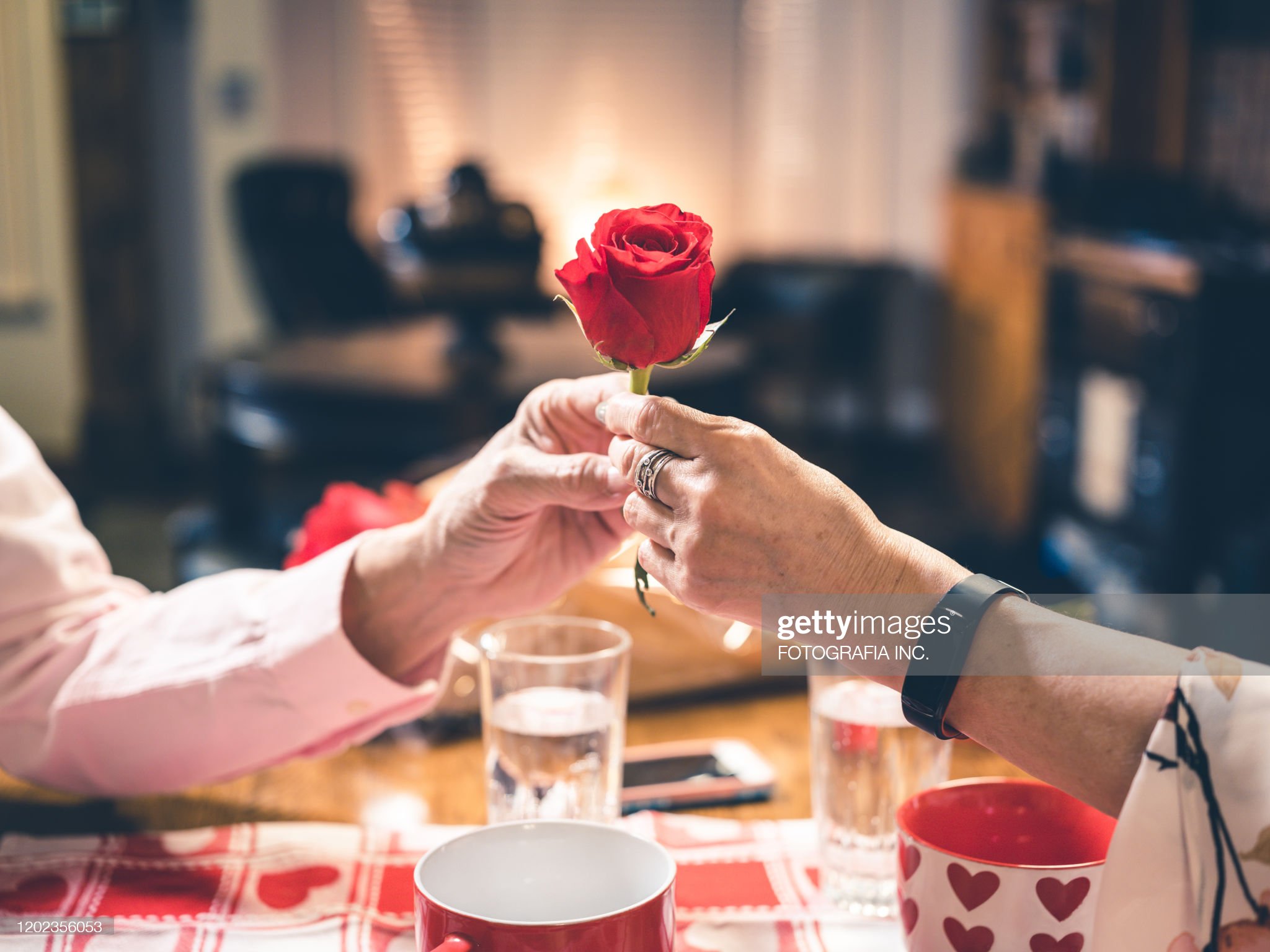 Hands Of Senior Couple At Valentines Dinner High Res Stock Photo