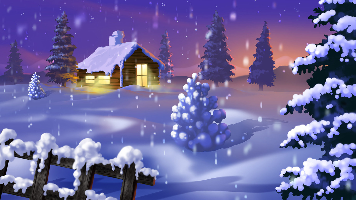 Cabin In The Snowy Forest Widescreen Wallpaper