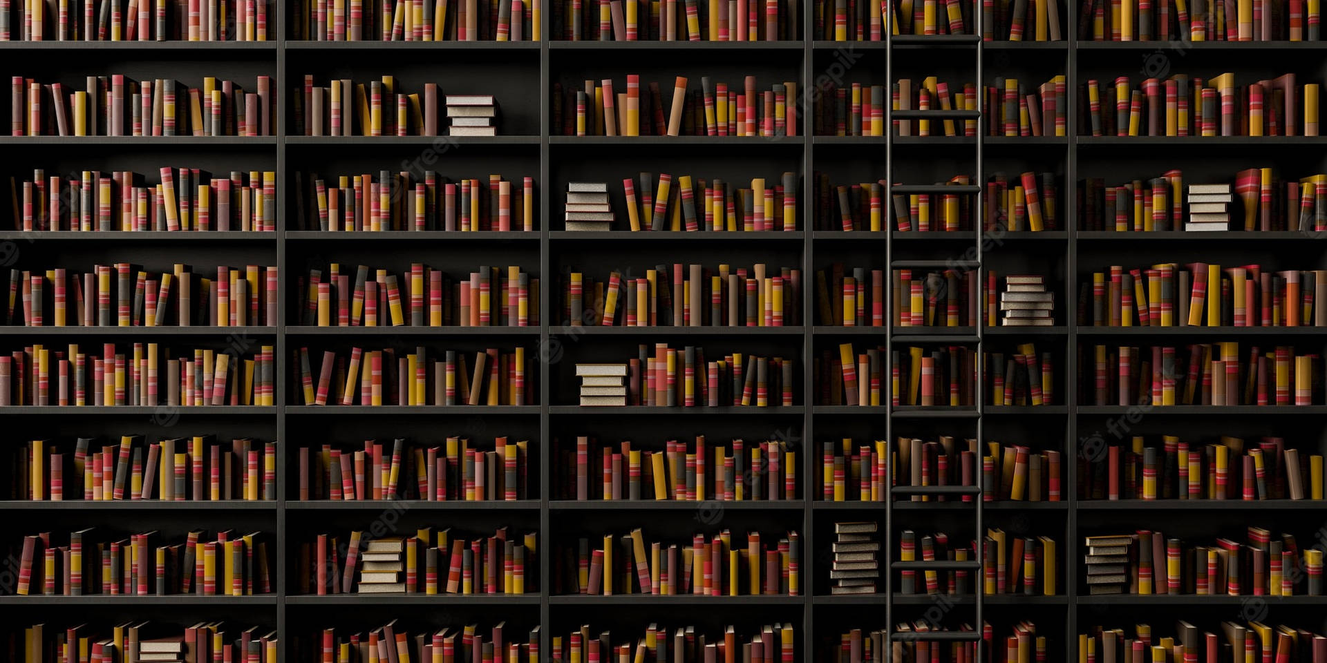 Impressive Black Bookshelf With A Ladder Wallpaper