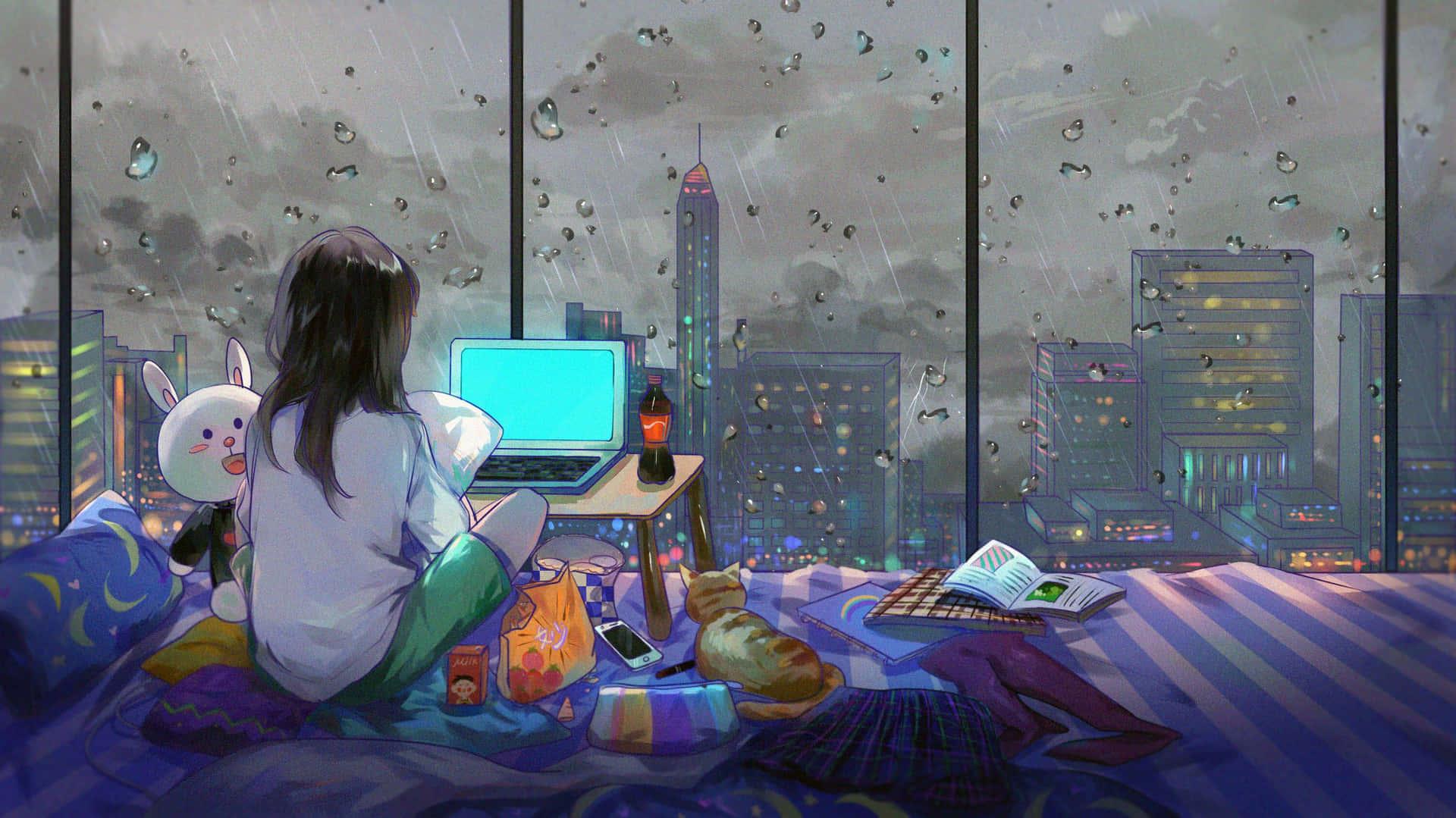 Lo Fi Anime Chill Girl Studying In Bedroom Wallpaper