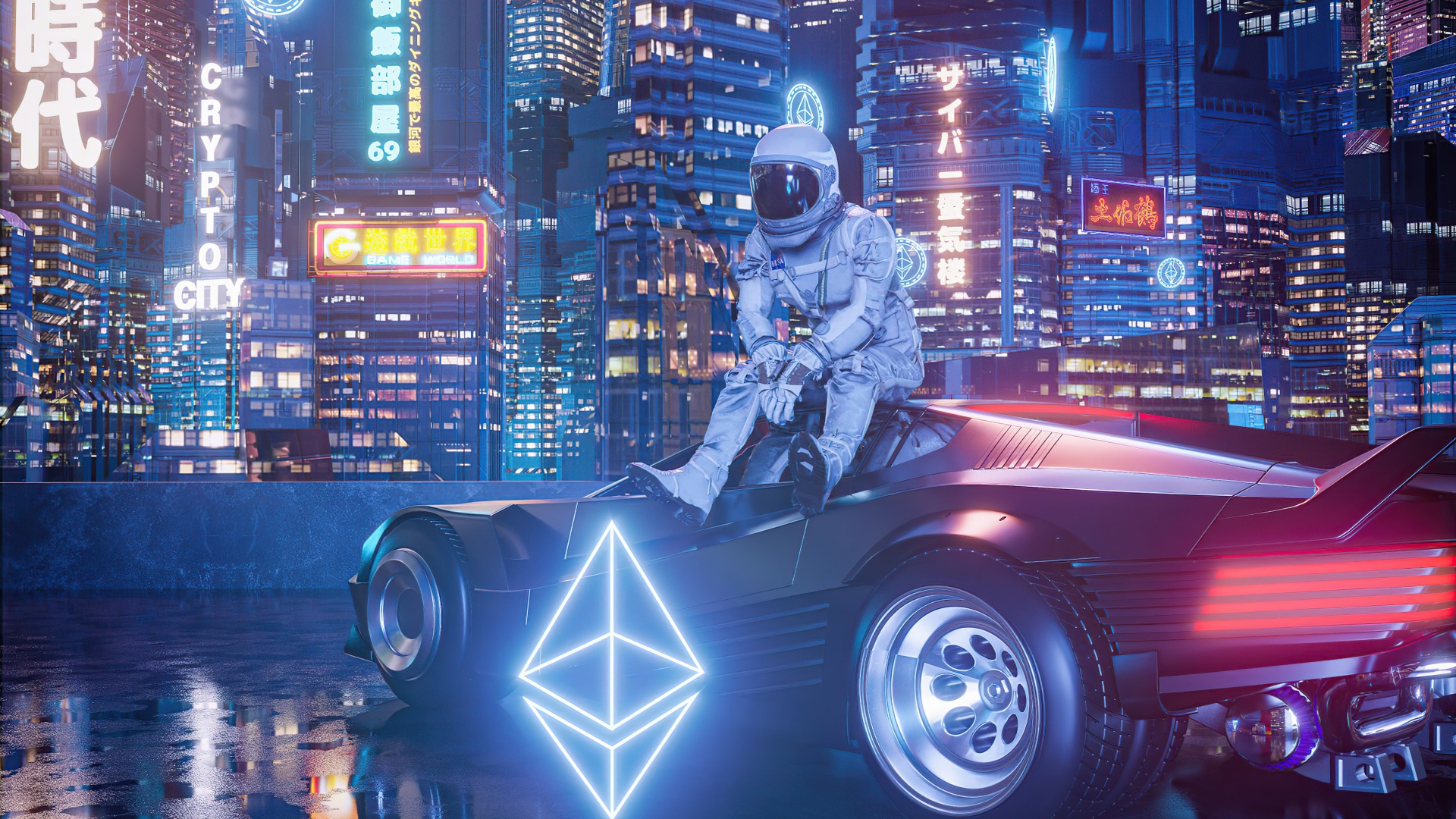 An astronaut sits atop a futuristic car in a neon-lit cyberpunk city, with a large Ethereum logo glowing in the foreground. This 4k wallpaper embodies the intersection of cryptocurrency, technology, and futuristic aesthetics
