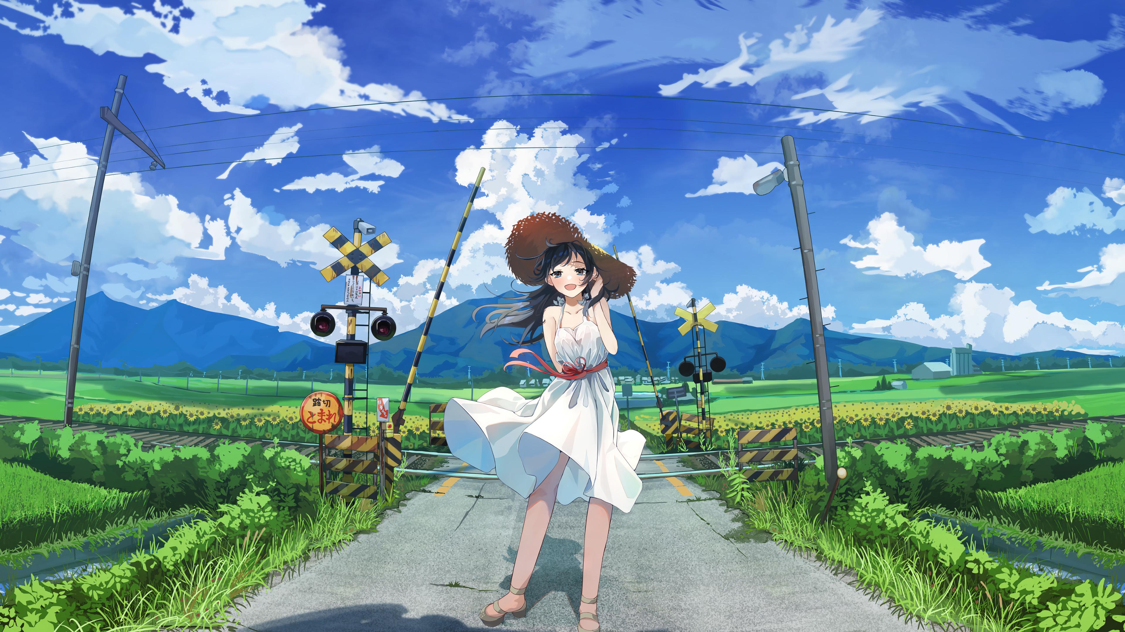 Anime Girl Beautiful Summer Scenery Grass Field 4k Wallpaper