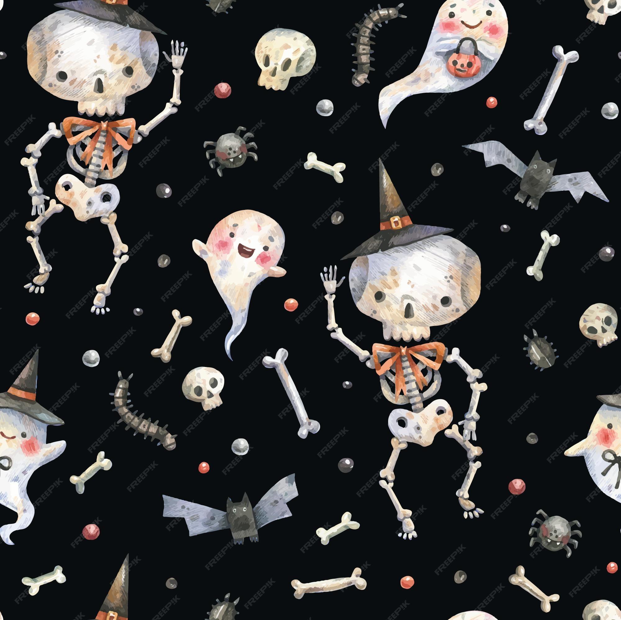 Premium Vector Halloween spooky pattern with dancing skeletons