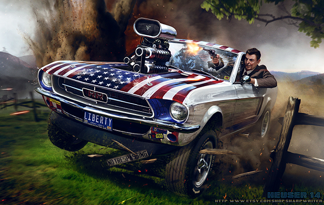 Illustration Of Ronald Reagan Driving Off Road And Wreaking Havoc In