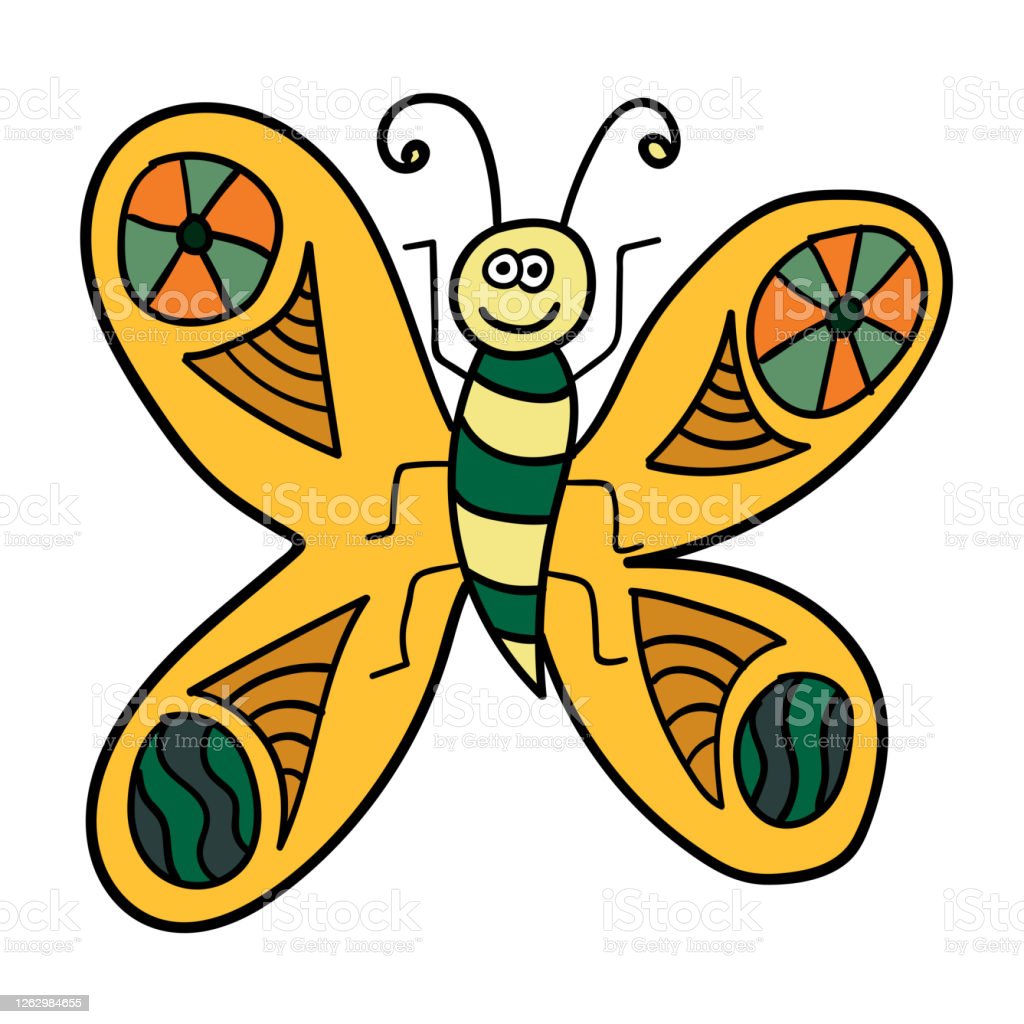 Cartoon Doodle Retro Butterfly Isolated On White Background